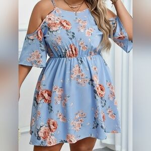 Shein Curve Women's Blue Floral Cold Shoulder  Dress